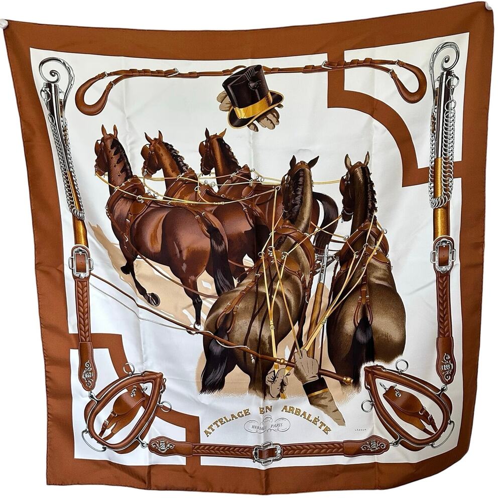 Hermès Attelage en Arbalète Carré 90 Silk Scarf Horse Equestrian Brown France
